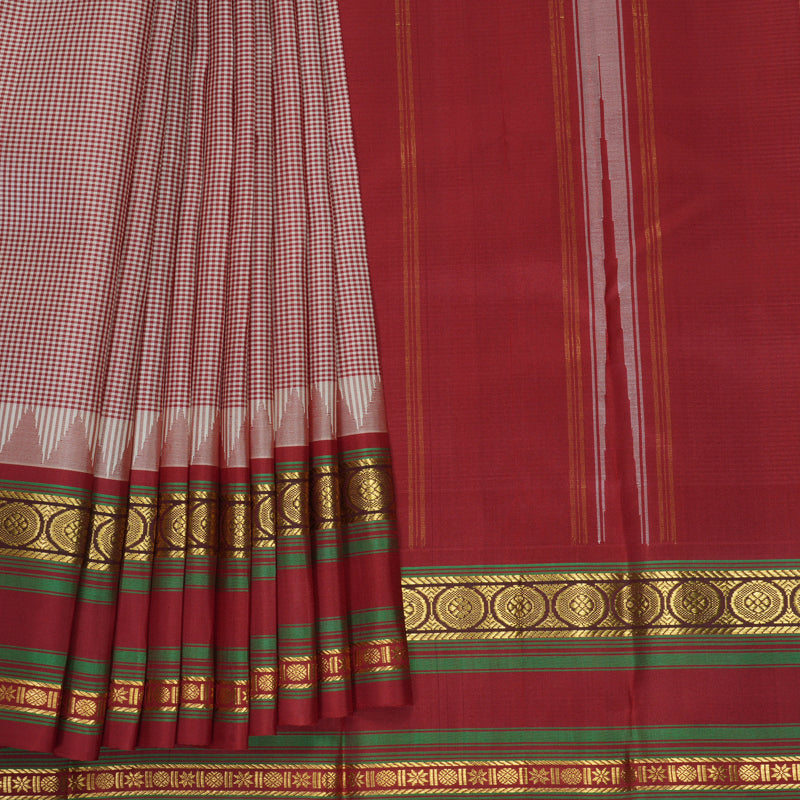 Hayagrivas Handloom Maroon &amp; Half-White Checks Kanjivaram Silk Saree KBF381F1-7