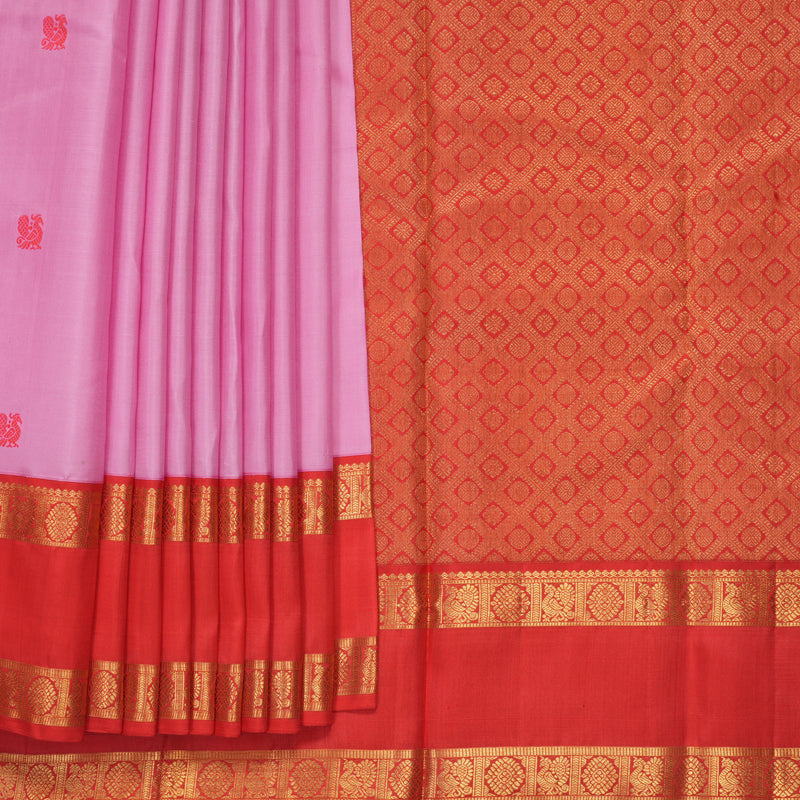 Hayagrivas Handloom Lotus Pink Kanjivaram Silk Saree with Red Border KBF381F3-3