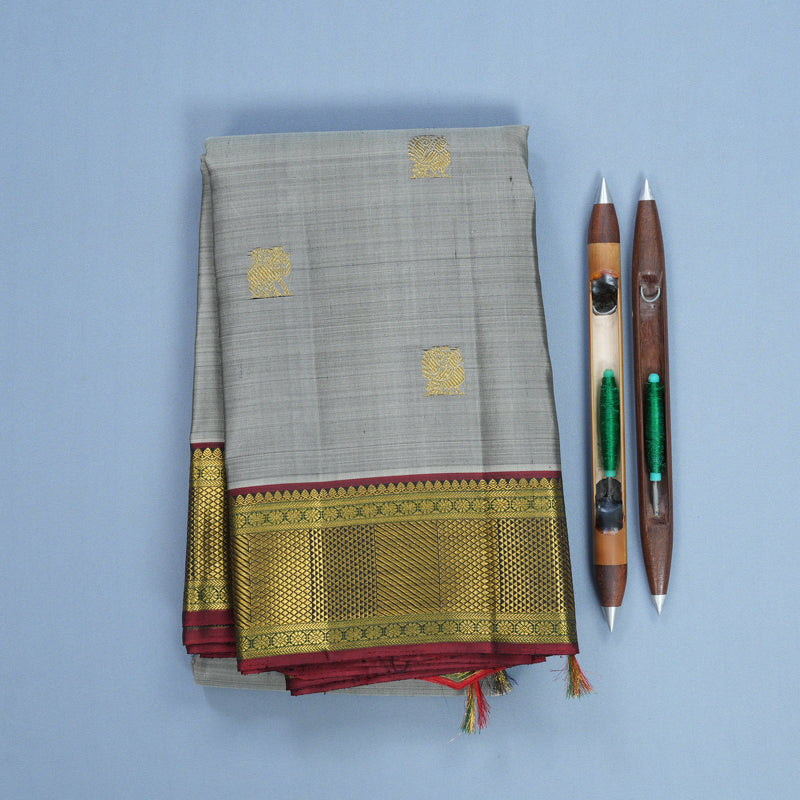 Hayagrivas Handloom Grey Kanjivaram Silk Saree with Araku Maroon Border KBF384F1-1