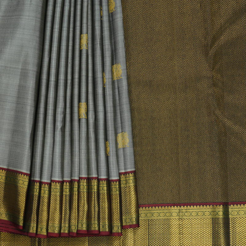 Hayagrivas Handloom Grey Kanjivaram Silk Saree with Araku Maroon Border KBF384F1-1