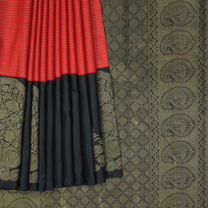 Hayagrivas Handloom Orange Kanjivaram Silk Saree with Black Border KBF386F1-1