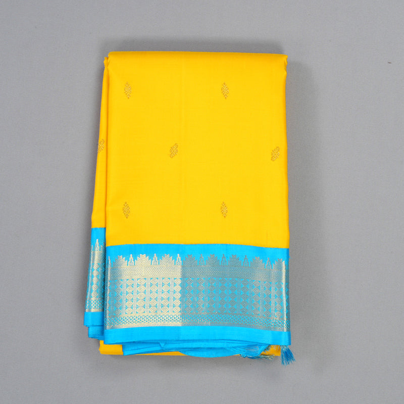 Hayagrivas Handloom Lemon Yellow Kanjivaram Silk Saree with Sky Blue Border KBF387F2-1