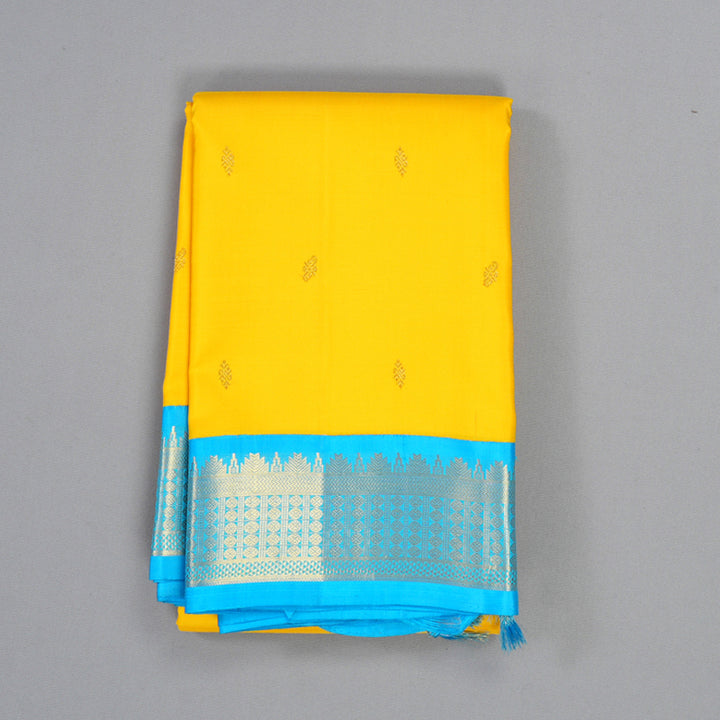 Hayagrivas Handloom Lemon Yellow Kanjivaram Silk Saree with Sky Blue Border KBF387F2-1