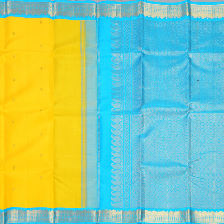 Hayagrivas Handloom Lemon Yellow Kanjivaram Silk Saree with Sky Blue Border KBF387F2-1