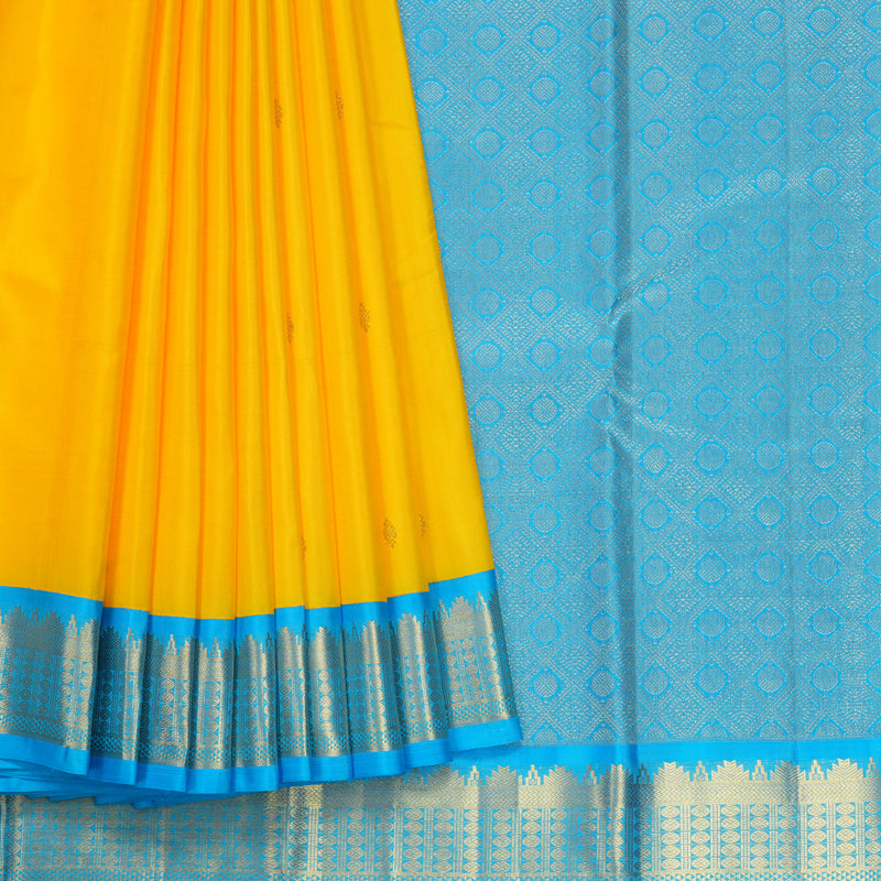 Hayagrivas Handloom Lemon Yellow Kanjivaram Silk Saree with Sky Blue Border KBF387F2-1
