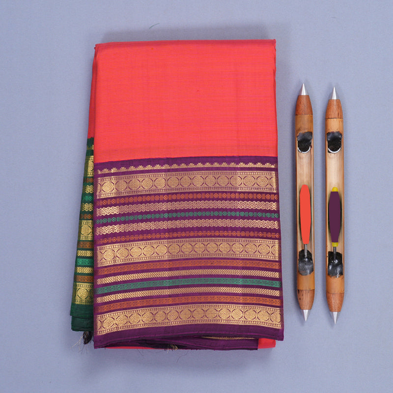 Hayagrivas Handloom Orange &amp; Pink Stripes Kanjivaram Silk Saree with Ganga Jamuna Border KBF389F4-1