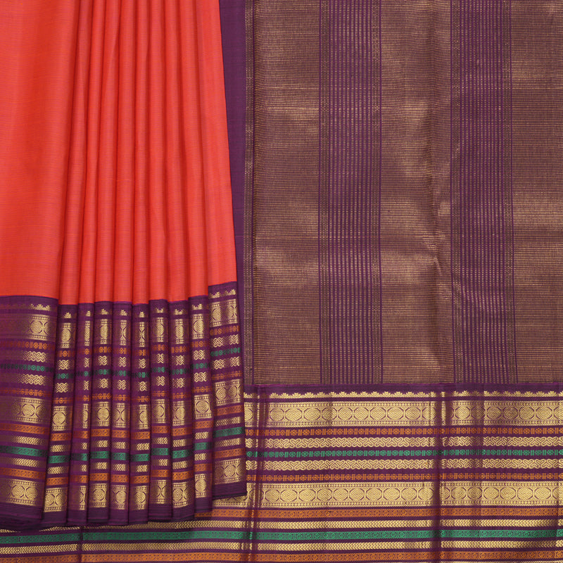 Hayagrivas Handloom Orange &amp; Pink Stripes Kanjivaram Silk Saree with Ganga Jamuna Border KBF389F4-1