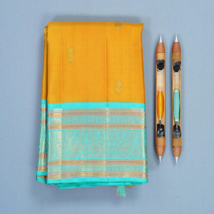 Hayagrivas Handloom Mustard Yellow Kanjivaram Silk Saree with Sky Blue Border KBF389F6-1