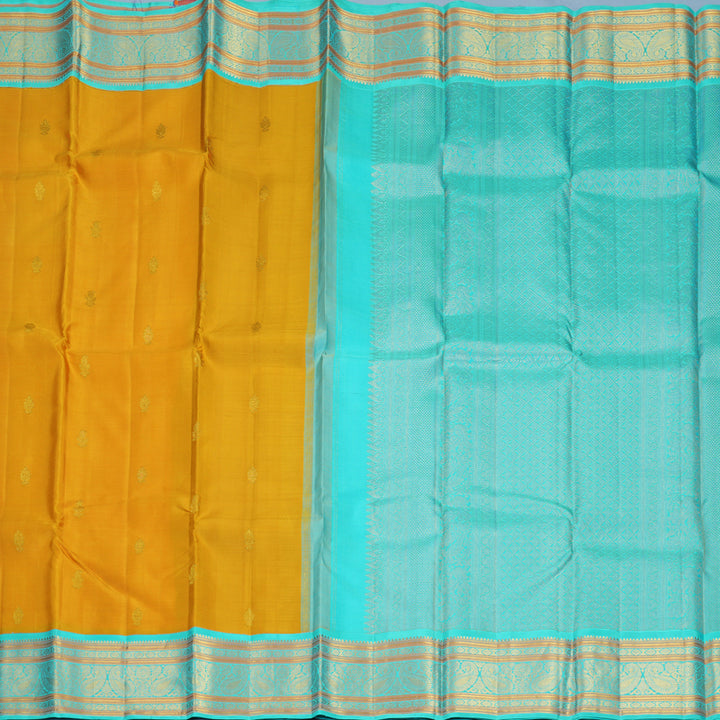 Hayagrivas Handloom Mustard Yellow Kanjivaram Silk Saree with Sky Blue Border KBF389F6-1