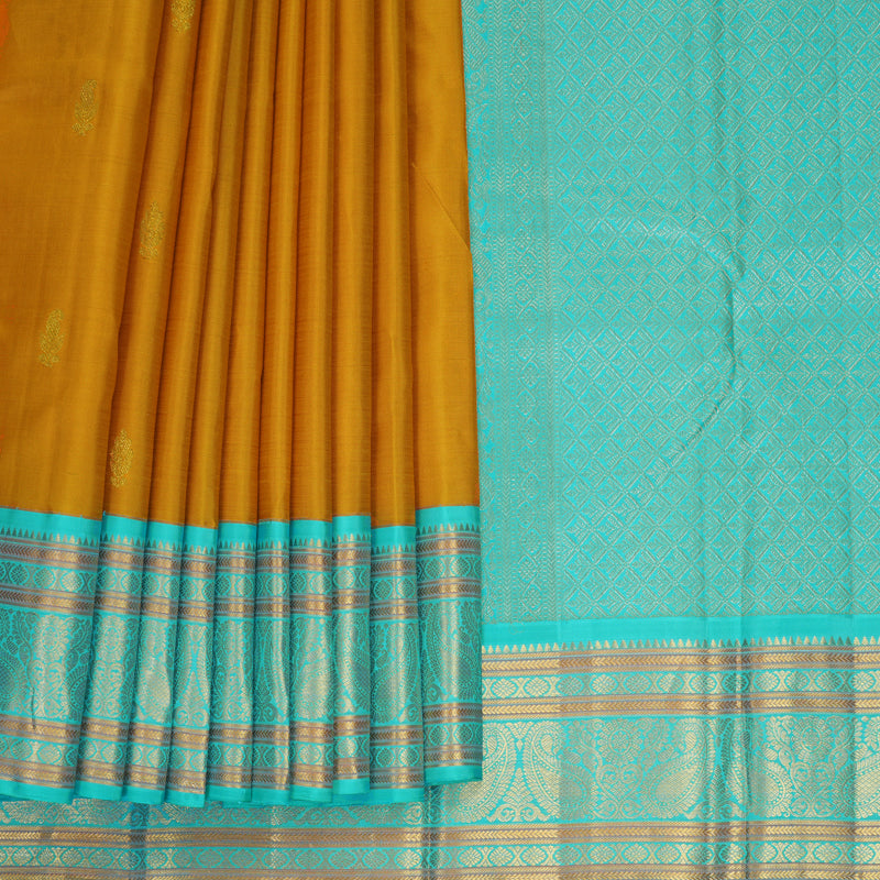 Hayagrivas Handloom Mustard Yellow Kanjivaram Silk Saree with Sky Blue Border KBF389F6-1