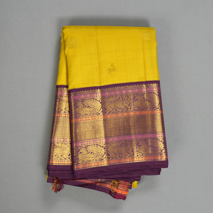 Hayagrivas Handloom Golden Yellow Kanjivaram Silk Saree with Purple Border KBF392F1-1