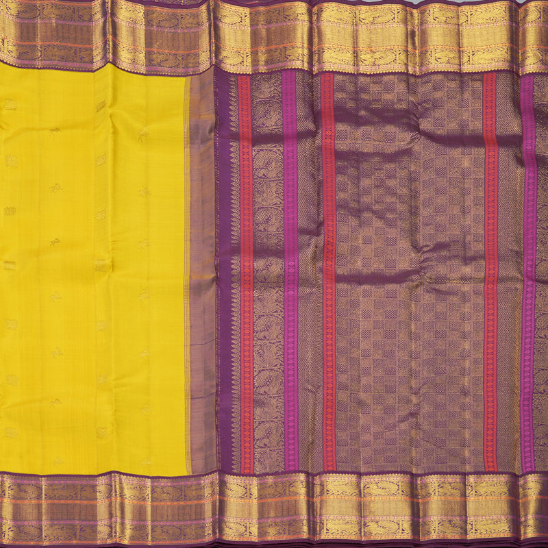 Hayagrivas Handloom Golden Yellow Kanjivaram Silk Saree with Purple Border KBF392F1-1