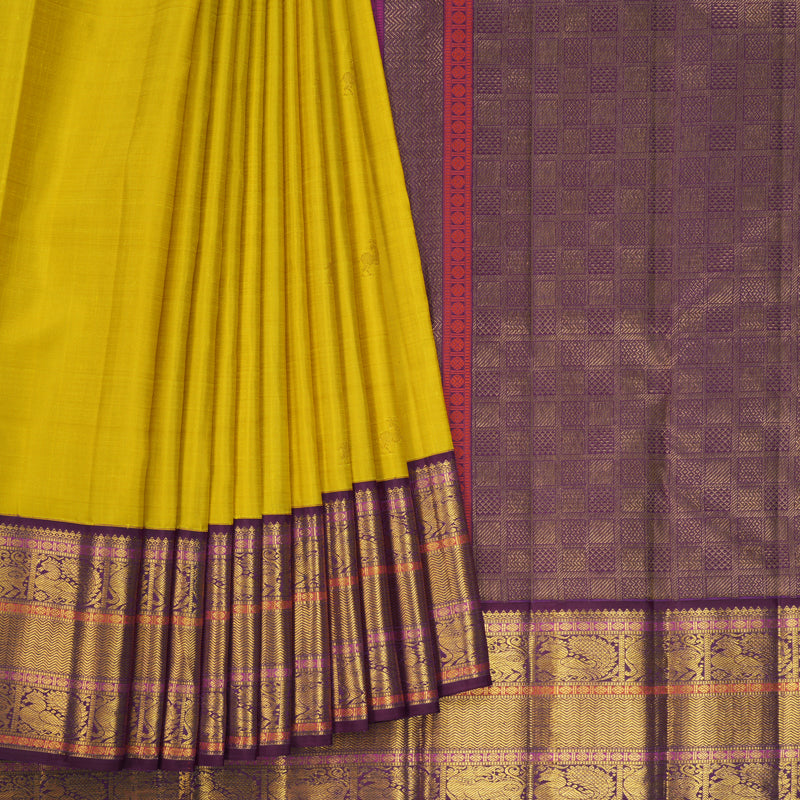 Hayagrivas Handloom Golden Yellow Kanjivaram Silk Saree with Purple Border KBF392F1-1
