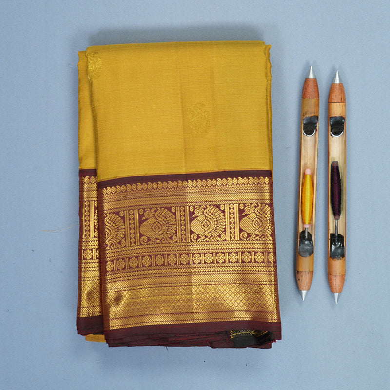 Hayagrivas Handloom Golden Yellow Kanjivaram Silk Saree with Dark Maroon Border KBF392F1-5
