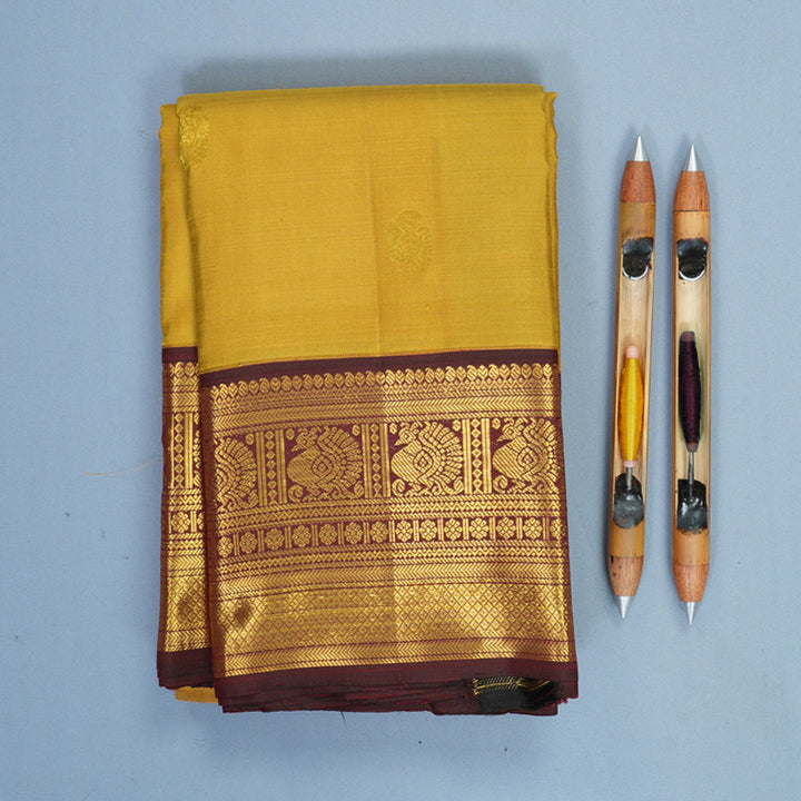 Hayagrivas Handloom Golden Yellow Kanjivaram Silk Saree with Dark Maroon Border KBF392F1-5