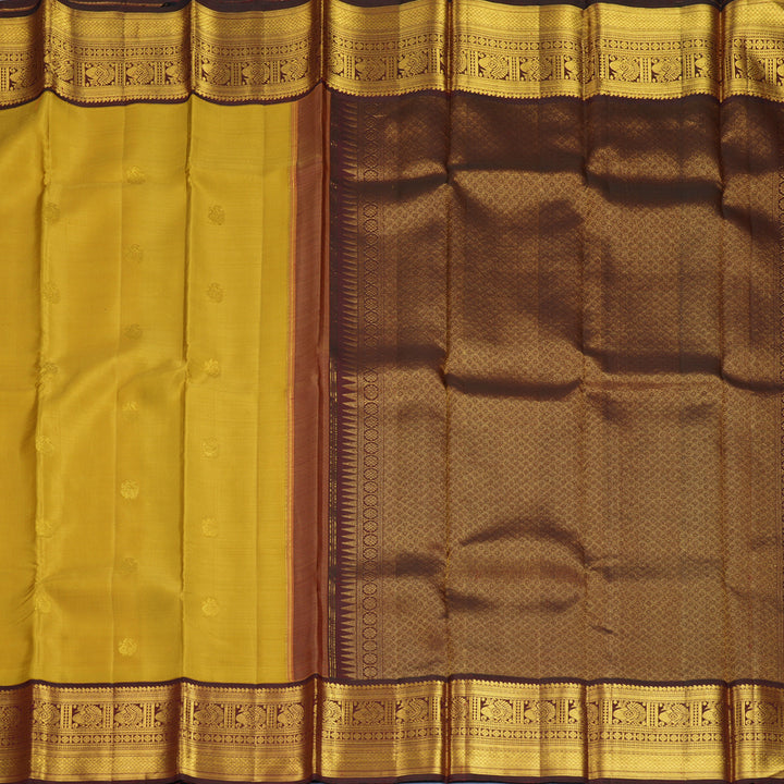 Hayagrivas Handloom Golden Yellow Kanjivaram Silk Saree with Dark Maroon Border KBF392F1-5