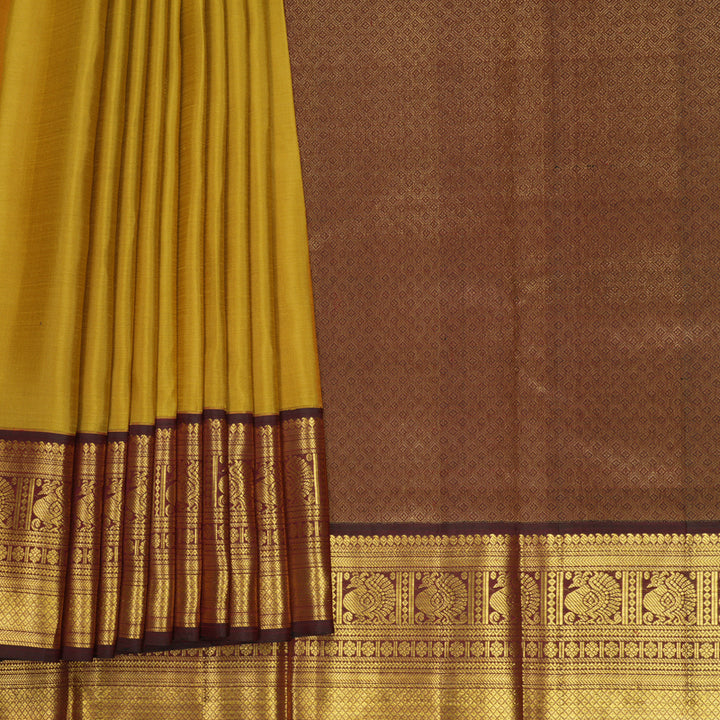 Hayagrivas Handloom Golden Yellow Kanjivaram Silk Saree with Dark Maroon Border KBF392F1-5