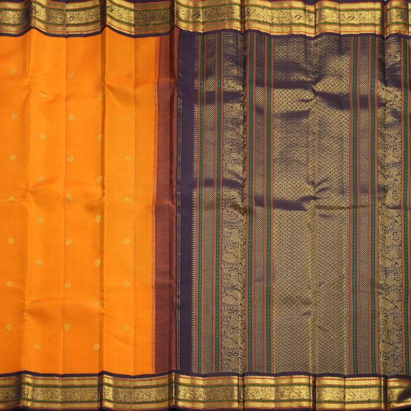 Hayagrivas Handloom Orange Kanjivaram Silk Saree with Plum Purple Border KBF392F2-1