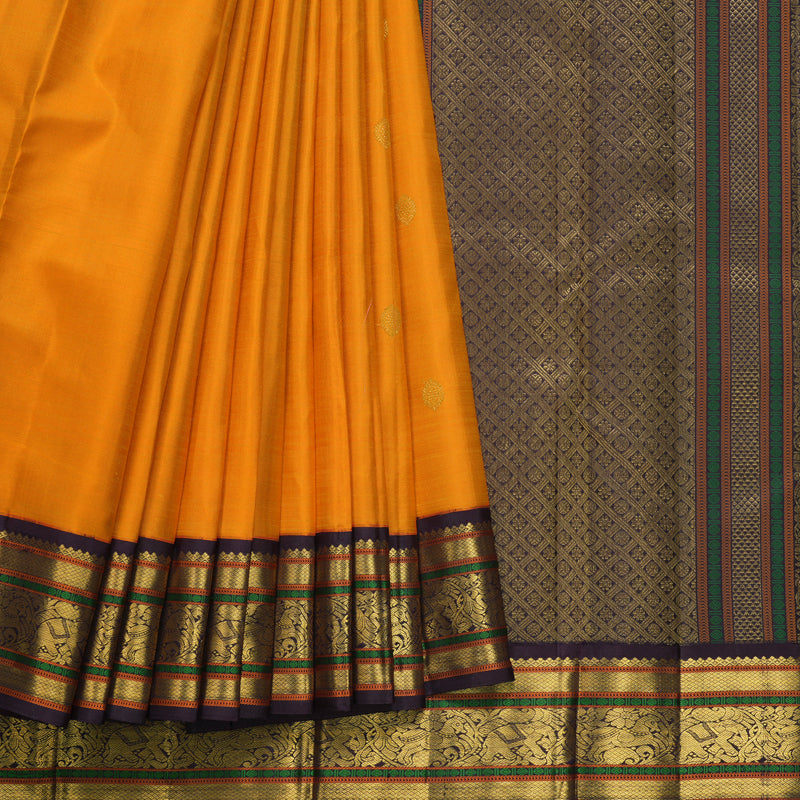 Hayagrivas Handloom Orange Kanjivaram Silk Saree with Plum Purple Border KBF392F2-1
