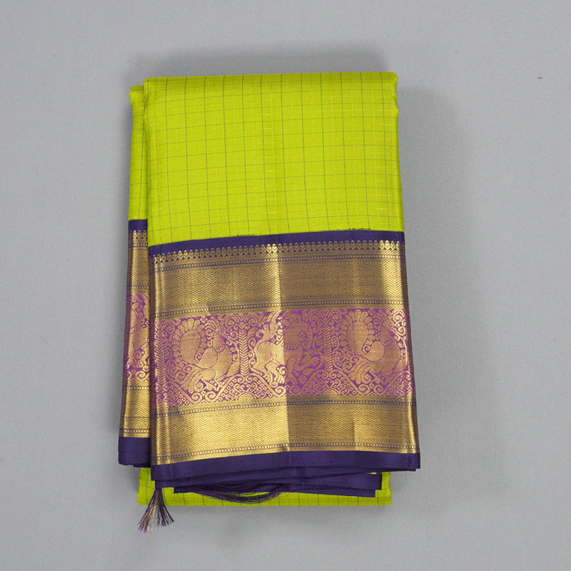 Hayagrivas Handloom Parrot Green Kanjivaram Silk Saree with Violet Border KBF392F3-1