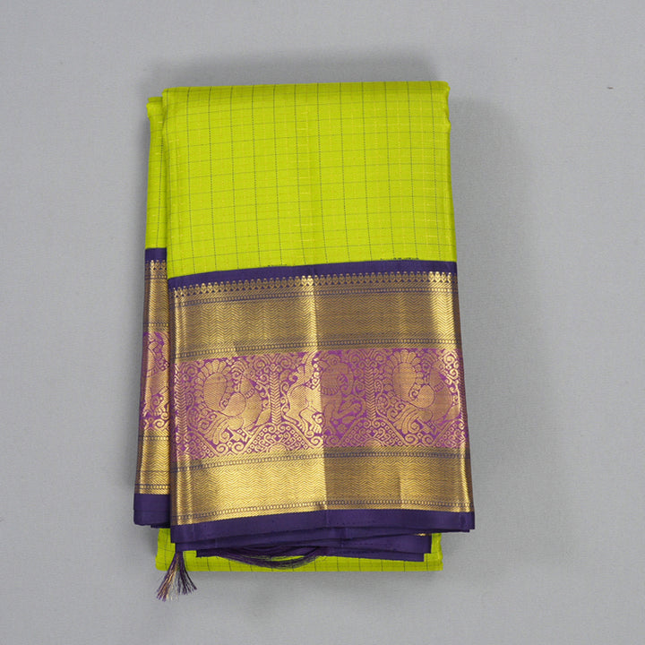 Hayagrivas Handloom Parrot Green Kanjivaram Silk Saree with Violet Border KBF392F3-1