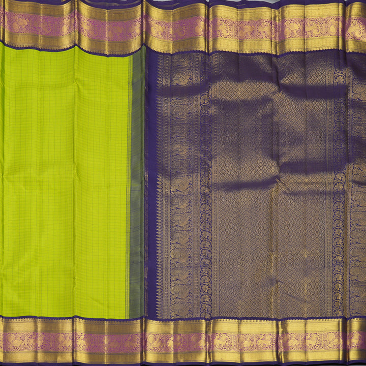Hayagrivas Handloom Parrot Green Kanjivaram Silk Saree with Violet Border KBF392F3-1