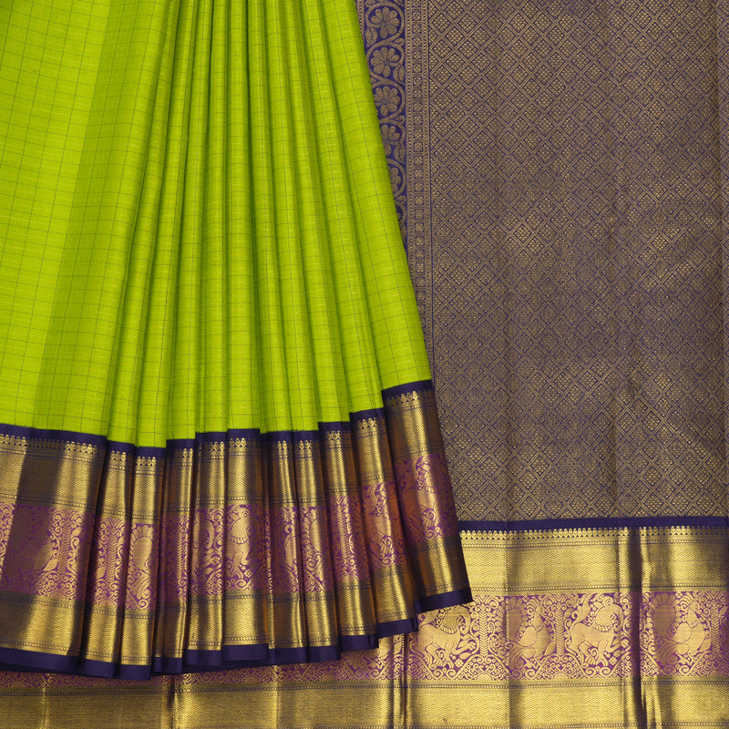 Hayagrivas Handloom Parrot Green Kanjivaram Silk Saree with Violet Border KBF392F3-1