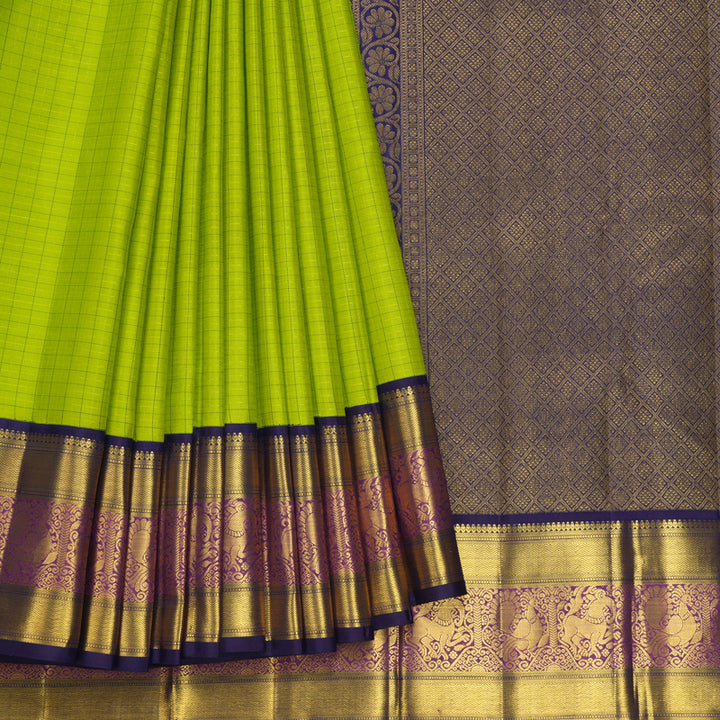 Hayagrivas Handloom Parrot Green Kanjivaram Silk Saree with Violet Border KBF392F3-1