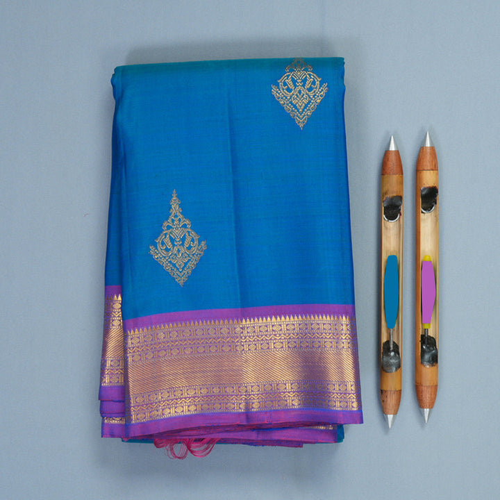 Hayagrivas Handloom Ananda Blue Kanjivaram Silk Saree with Purple Border KBF392F4-3