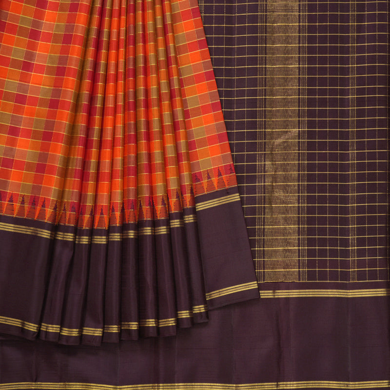 Hayagrivas Handloom Multicolour Checks Kanjivaram Silk Saree with Dark Plum Border KBF394F7-1