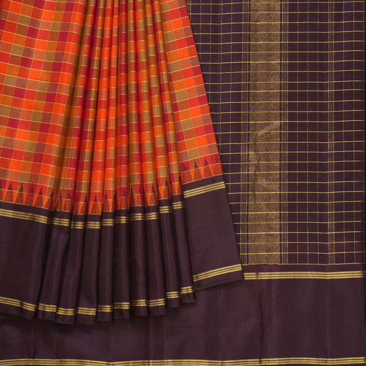 Hayagrivas Handloom Multicolour Checks Kanjivaram Silk Saree with Dark Plum Border KBF394F7-1