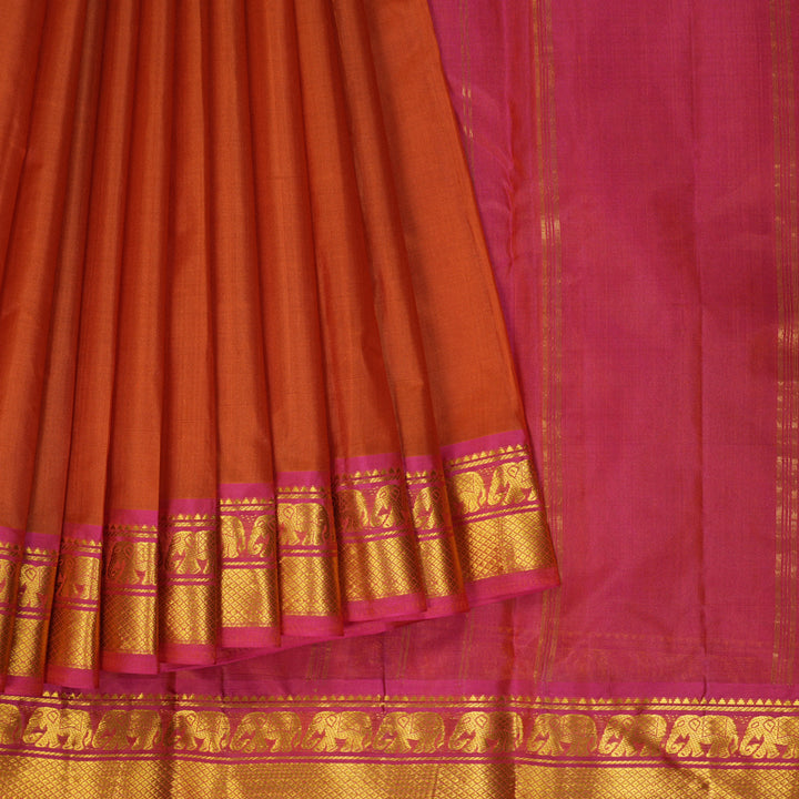 Hayagrivas Handloom Sunset Orange Kanjivaram Silk Saree with Pink Border KBF395F1-33