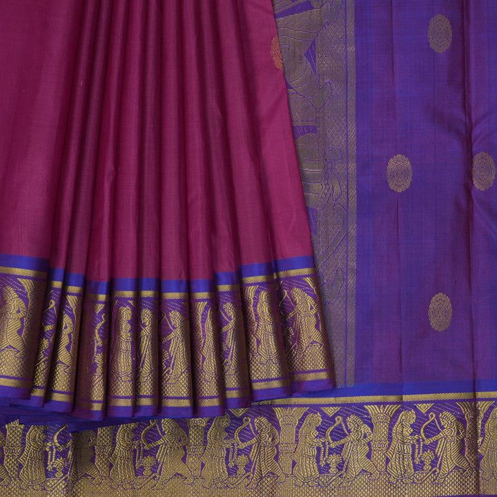 Hayagrivas Handloom Magenta Kanjivaram Silk Saree with Ganga Jamuna Border KBF395F5-1
