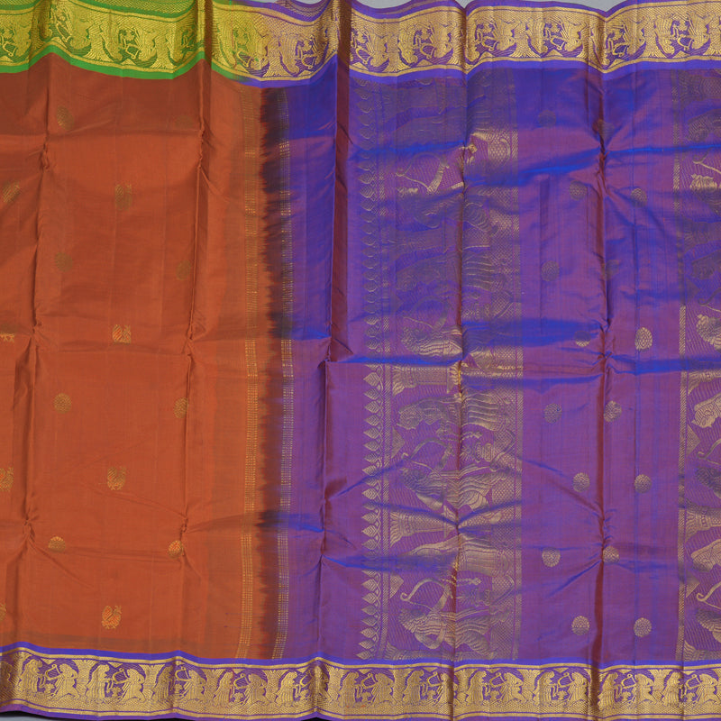 Hayagrivas Handloom Rust Orange Kanjivaram Silk Saree with Ganga Jamuna Border KBF395F5-3