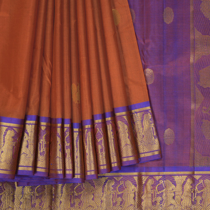 Hayagrivas Handloom Rust Orange Kanjivaram Silk Saree with Ganga Jamuna Border KBF395F5-3