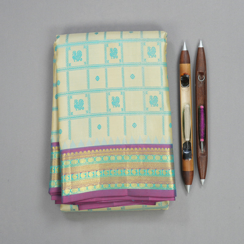 Hayagrivas Handloom Cream Kanjivaram Silk Saree with Blue-Purple Border KBF396F7-1