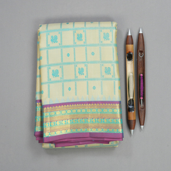 Hayagrivas Handloom Cream Kanjivaram Silk Saree with Blue-Purple Border KBF396F7-1