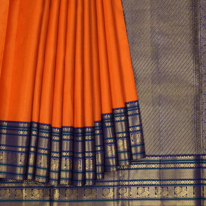 Hayagrivas Handloom Orange Kanjivaram Silk Saree with Ink Blue Border KBF398F2-1