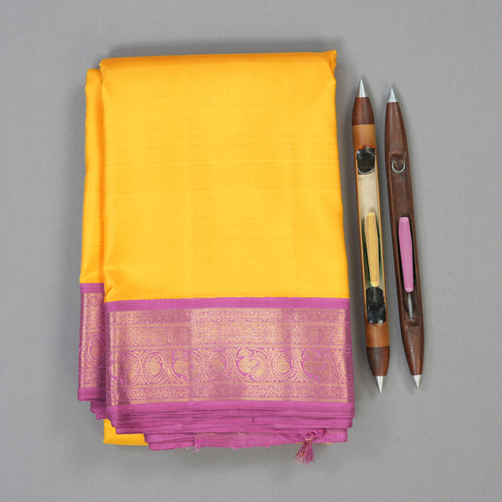 Hayagrivas Handloom Yellow Kanjivaram Silk Saree with Lotus Pink Border KBF39D2-2