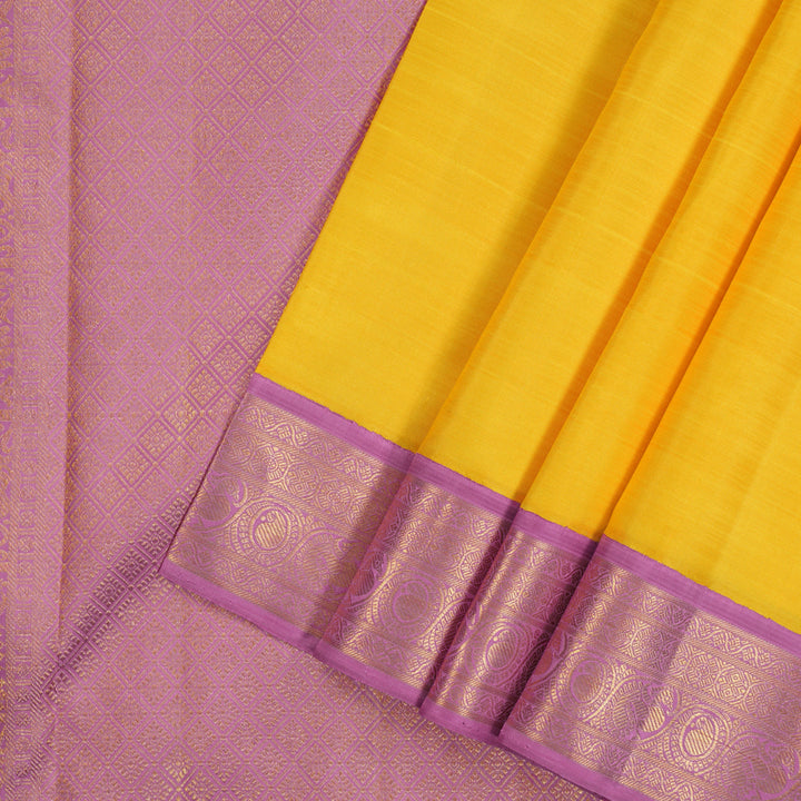 Hayagrivas Handloom Yellow Kanjivaram Silk Saree with Lotus Pink Border KBF39D2-2