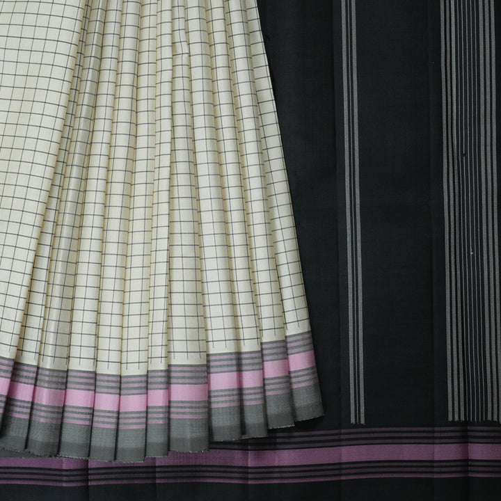 Hayagrivas Handloom Half-White Kanjivaram Silk Saree with Grey Border KBF403F1-3