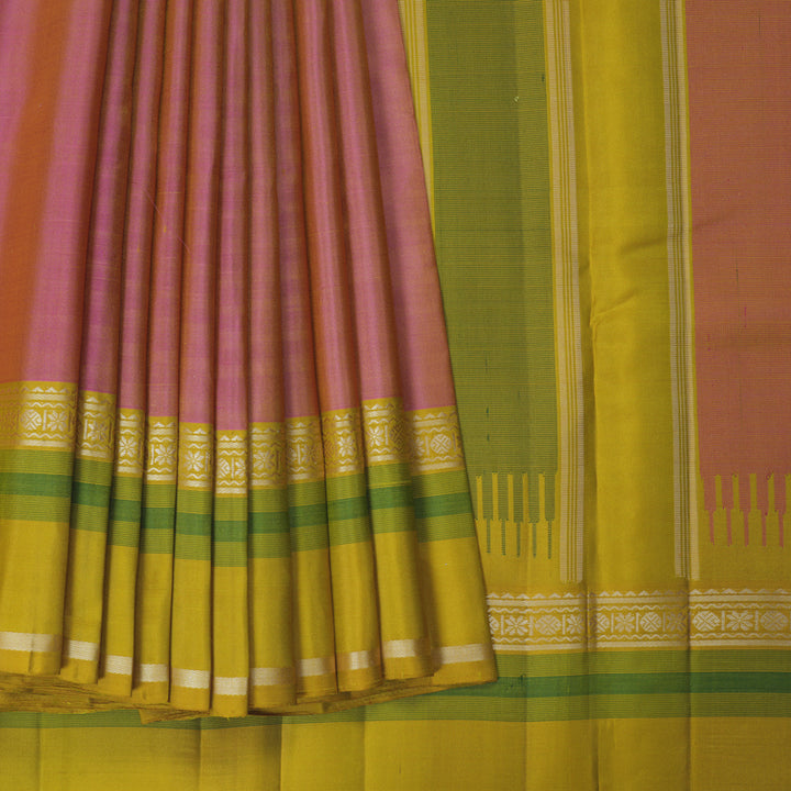 Hayagrivas Handloom Onion Pink Kanjivaram Silk Saree with Lemon Yellow Border KBF403F2-3