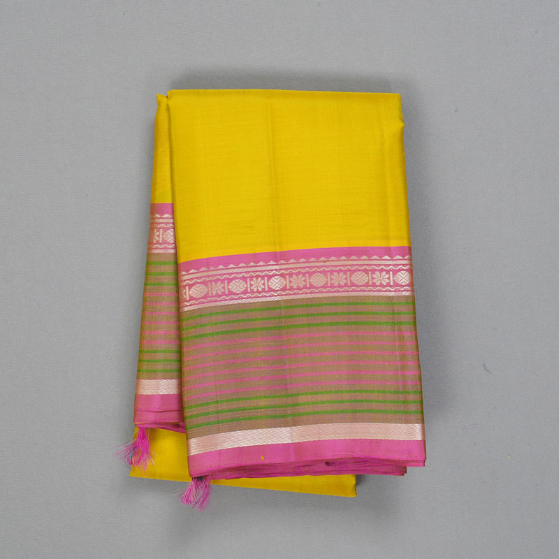 Hayagrivas Handloom Lemon Yellow Kanjivaram Silk Saree with Rose Pink Border KBF403F2-5