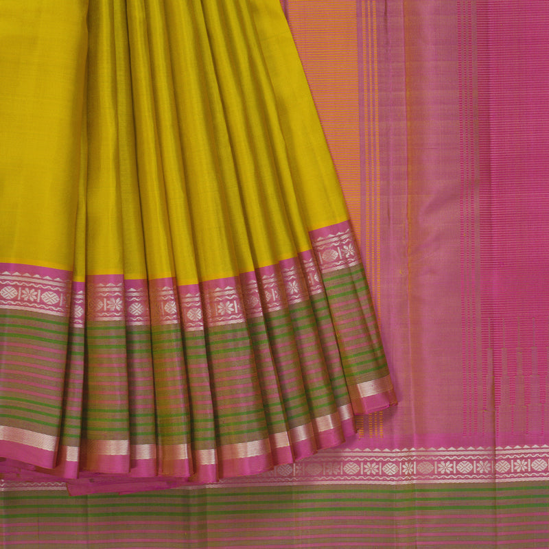Hayagrivas Handloom Lemon Yellow Kanjivaram Silk Saree with Rose Pink Border KBF403F2-5