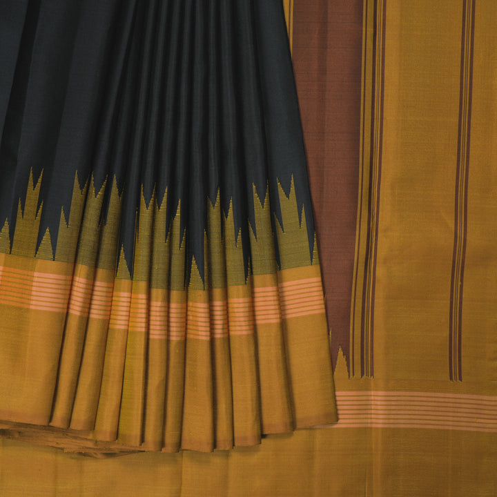 Hayagrivas Handloom Black Kanjivaram Silk Saree with Mustard Yellow Border KBF403F6-2
