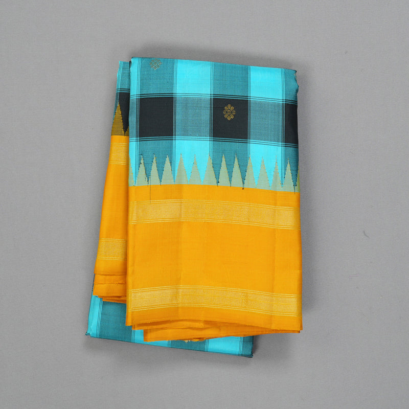 Hayagrivas Handloom Sky Blue & Black Checks Kanjivaram Silk Saree KBF403F8-1