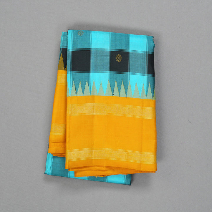 Hayagrivas Handloom Sky Blue & Black Checks Kanjivaram Silk Saree KBF403F8-1