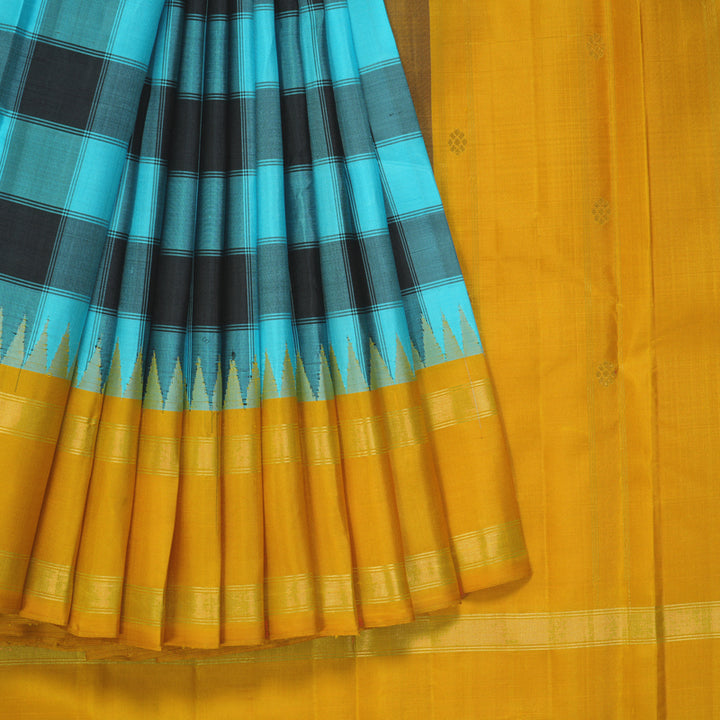 Hayagrivas Handloom Sky Blue & Black Checks Kanjivaram Silk Saree KBF403F8-1