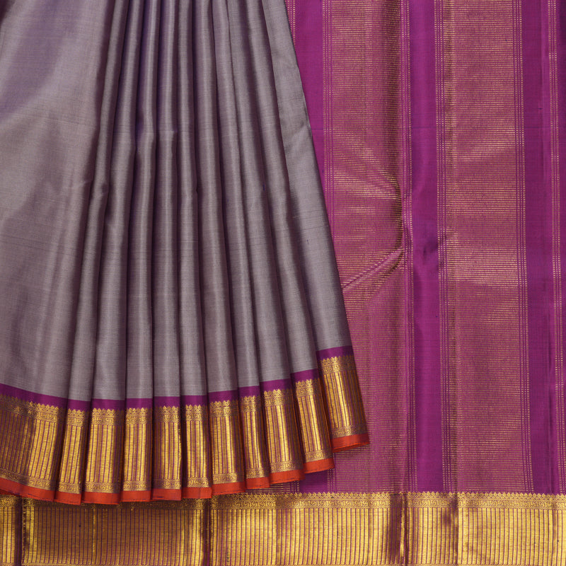 Hayagrivas Handloom Lavender-Grey Kanjivaram Silk Saree with Purple Border KBF404F5-9