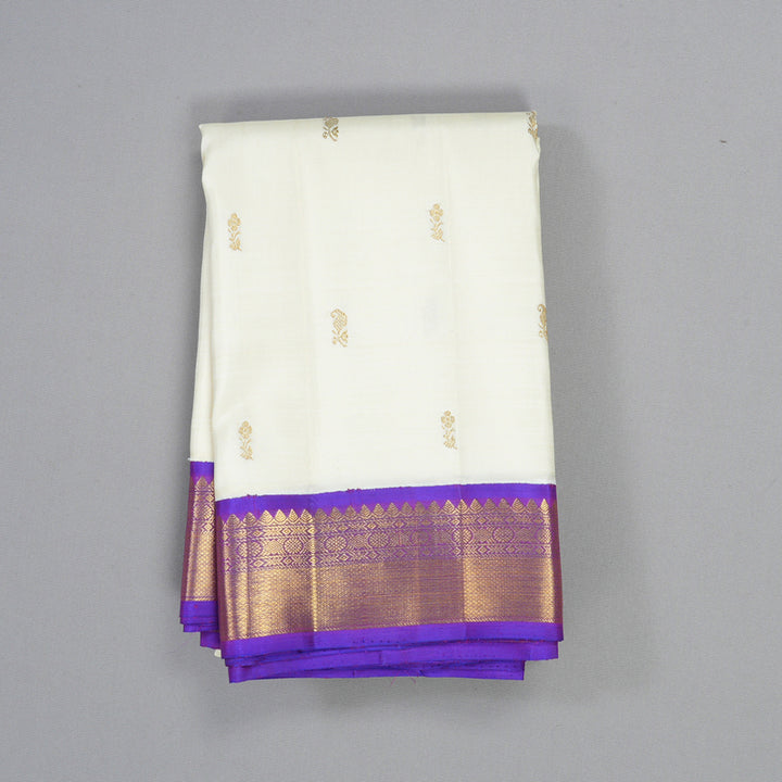 Hayagrivas Handloom Half-White Kanjivaram Silk Saree with Purple Border KBF405F1-1